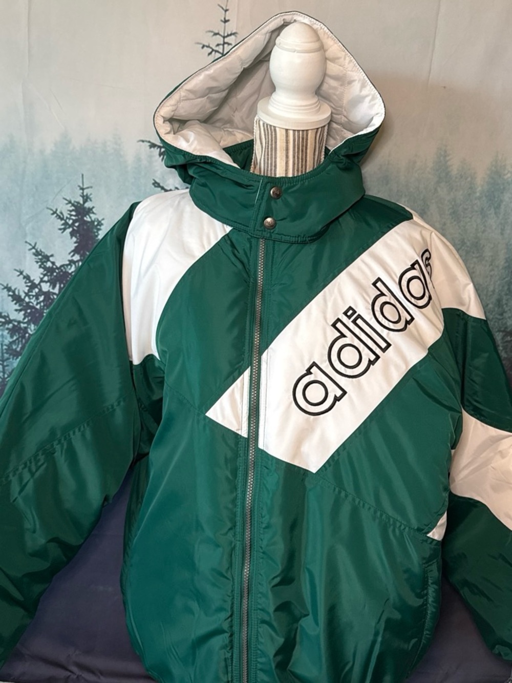 New Adidas Green and White Diagonal Logo Puffer Jacket with Hood